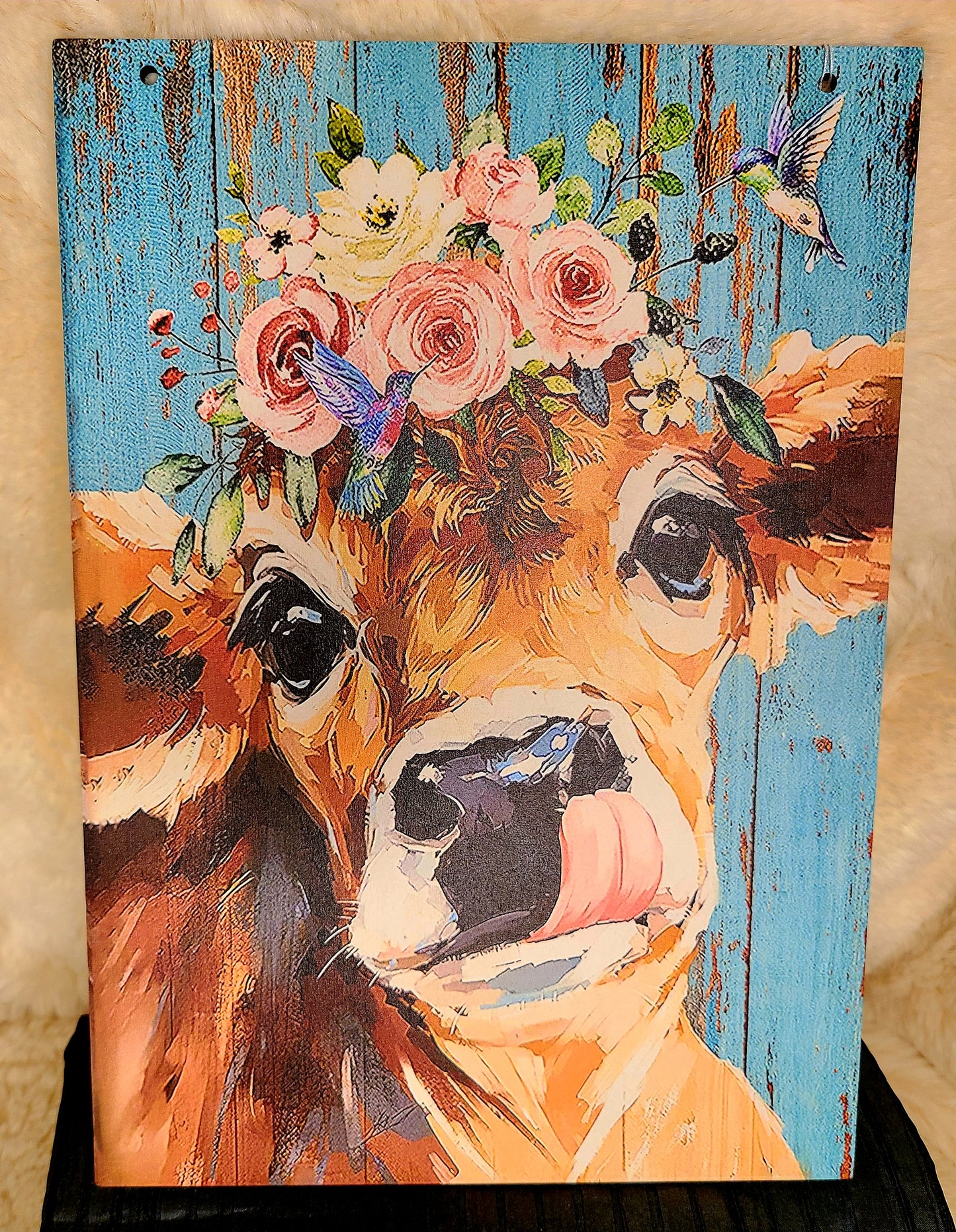 Cow, Flowers and Hummingbird Handcrafted Wood Plaque