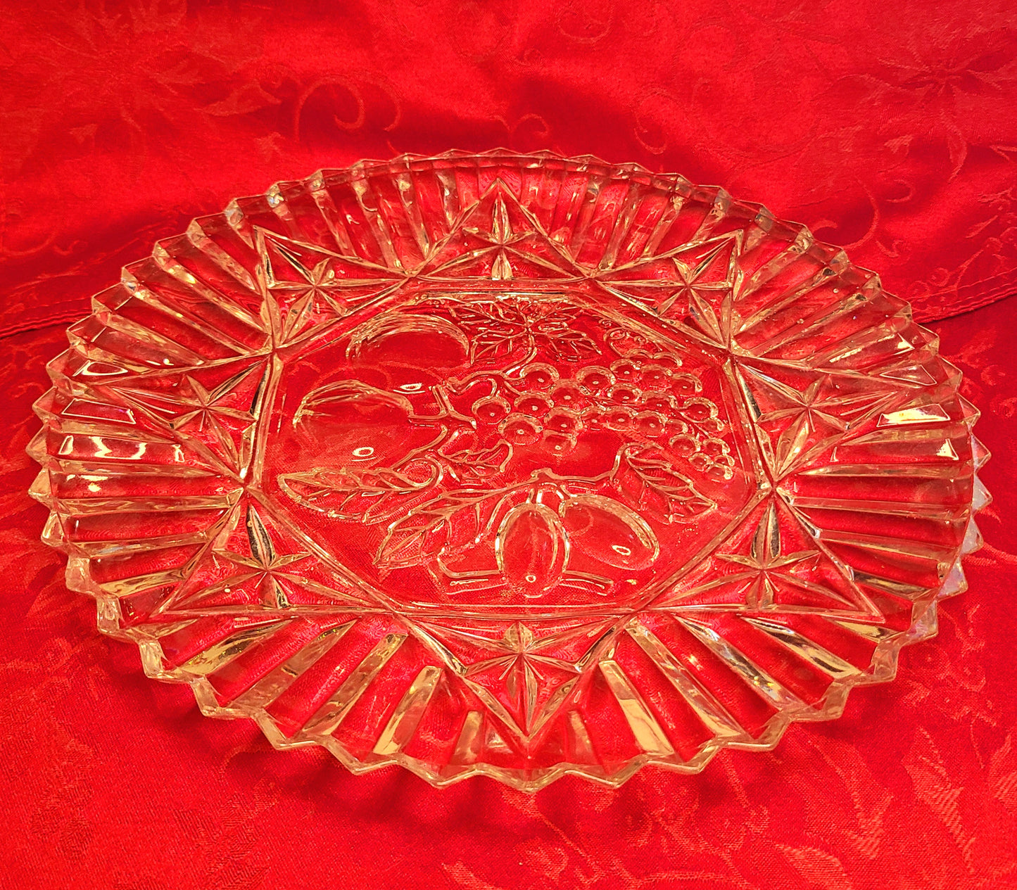 Vintage Federal Glass Platter with Embossed Fruit Design and Scalloped Edge