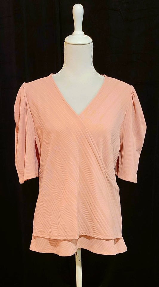 Pink V Neck Top with Puff Sleeves