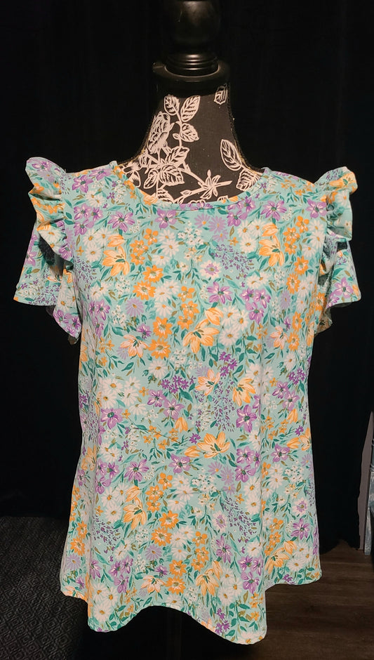 Mint Floral Flutter Sleeve Top