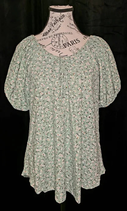 Green with White Floral Eyelet Top