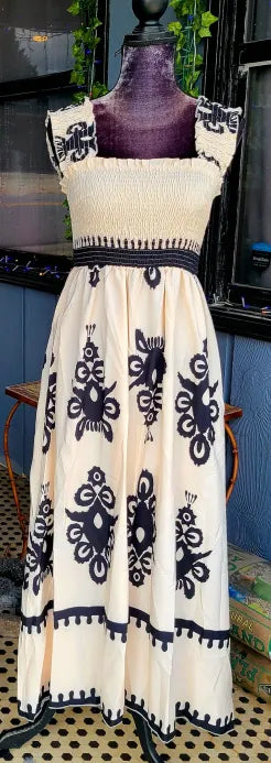 Ivory and Black Sleeveless Smocked Maxi Dress