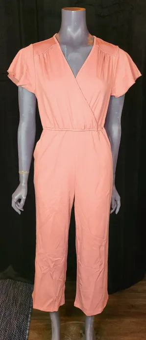 Pink Ruffle Sleeve Jumpsuit with Pockets