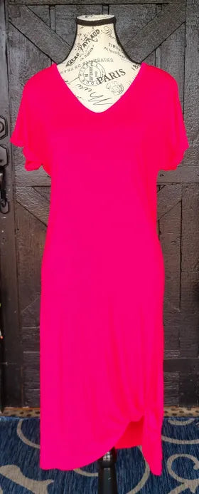 Hot Pink V Neck Dress with Pockets
