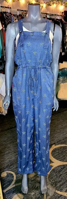 Blue with White Stars Linen Jumpsuit with Pockets