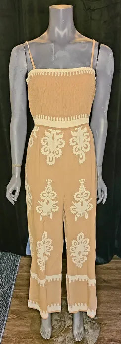 Khaki Smocked Jumpsuit with Pockets