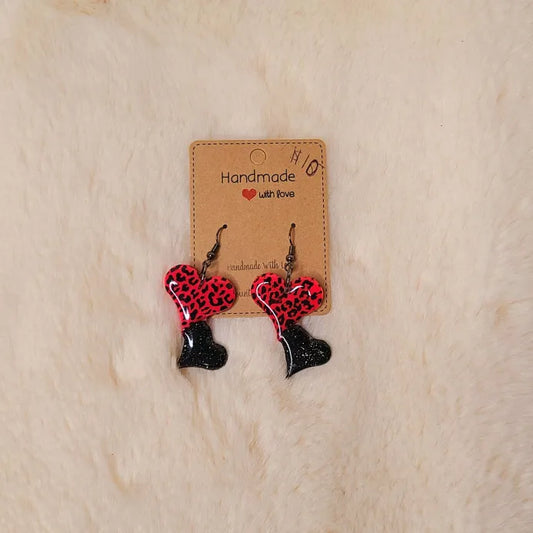 Pink Leopard and Black Heart Earrings