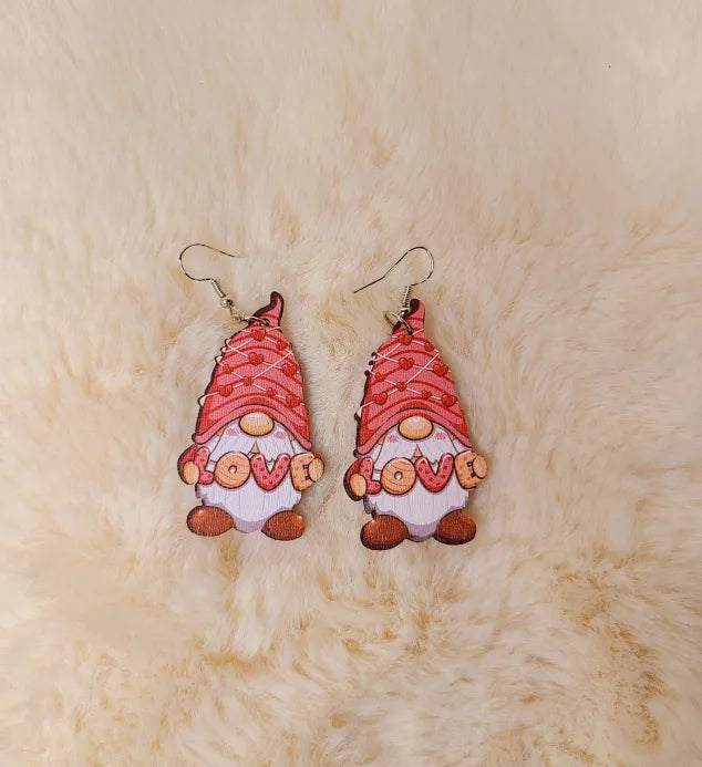 Wooden Gnome Valentine Earrings