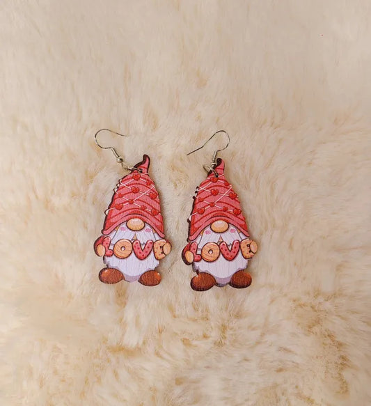 Wooden Gnome Valentine Earrings
