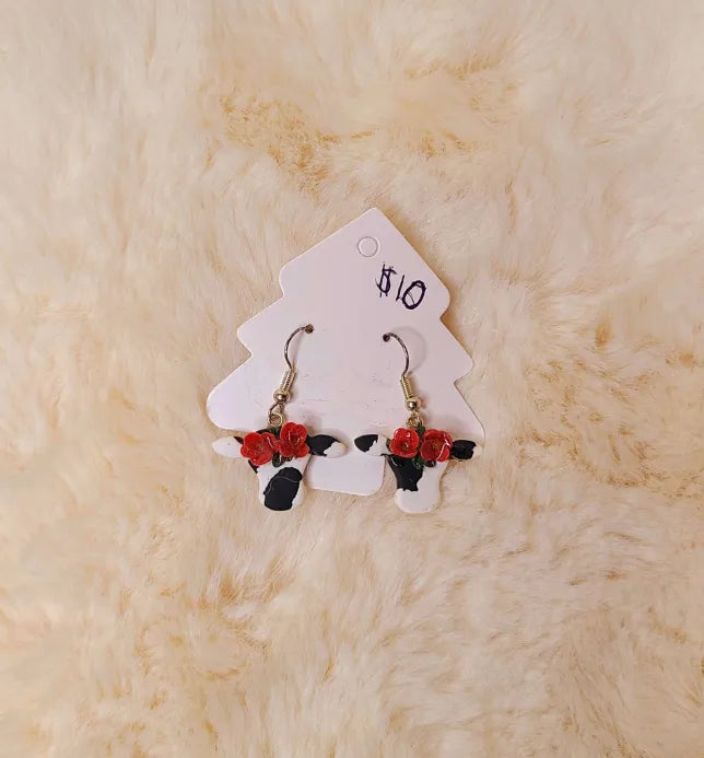 Black and White Cow with Flowers Earrings