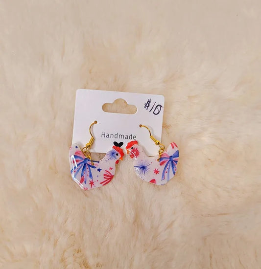 Red White and Blue Chickens with Bows Earrings