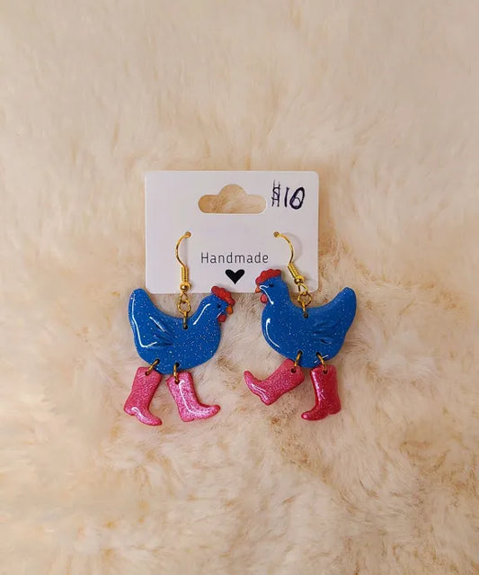 Blue Chickens with Red Cowboy Boots Earrings