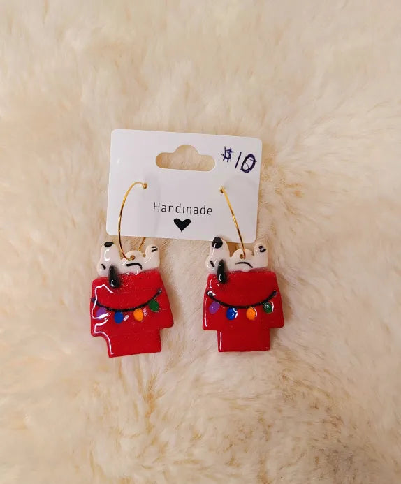 Snoopy Christmas Earrings on Gold Hoops