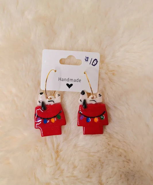 Snoopy Christmas Earrings on Gold Hoops