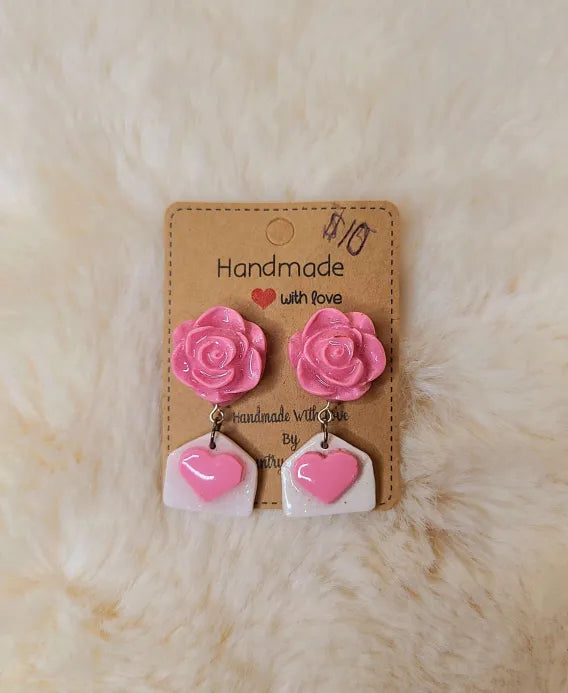 Pink Roses with Heart Envelopes Earrings