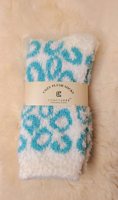 White with Teal Leopard Cozy Socks