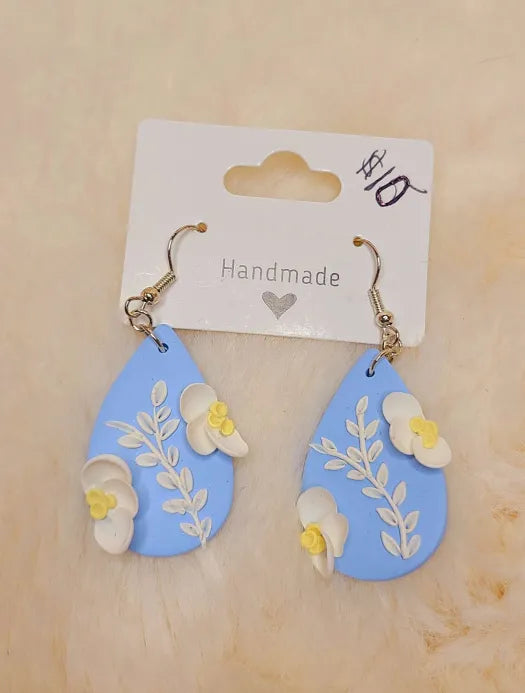 Handmade Blue with White Floral Earrings