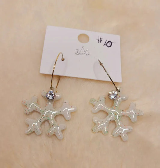 Handmade White Snowflakes on Gold Hoops