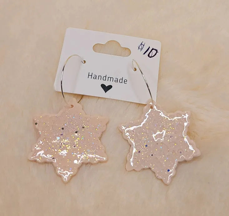 Handmade White Snowflakes on Silver Hoops
