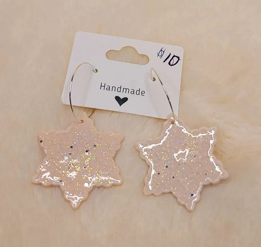 Handmade White Snowflakes on Silver Hoops