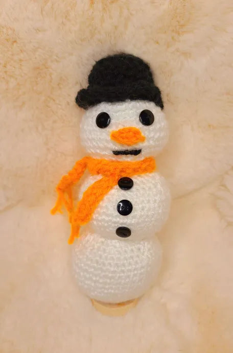 Handmade Crochet Snowman with Black Hat on Stand