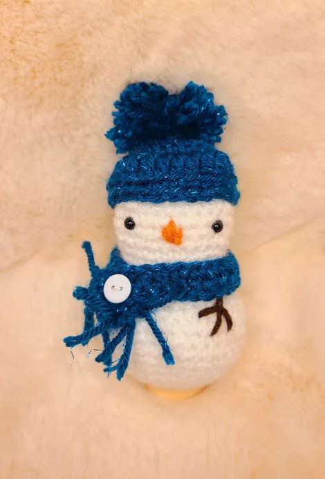 Handmade Crochet Snowman with Blue Hat on Stand