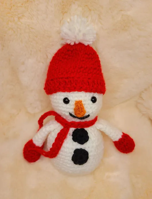 Handmade Crochet Snowman with Red Hat