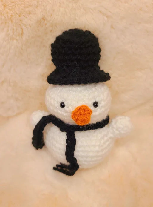 Handmade Crochet Snowman with Black Hat and Scarf