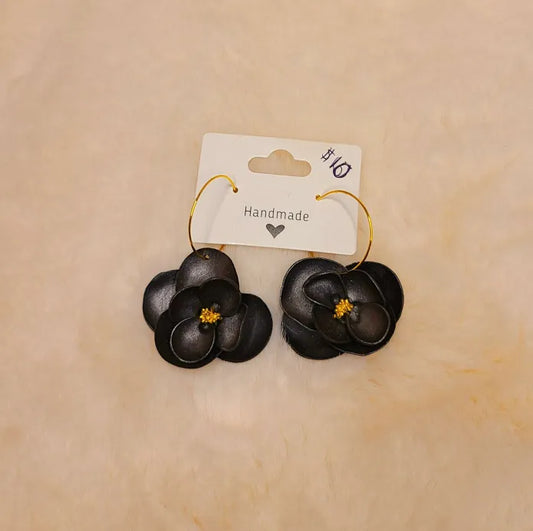 Handmade Black Flower Earrings on Hoops