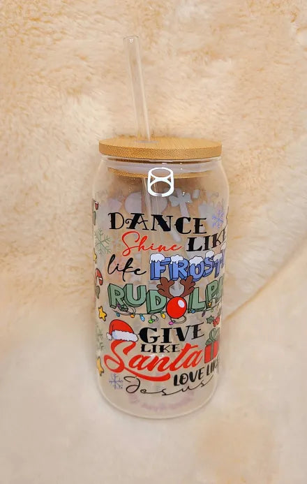 Handmade Christmas Glass Cup with Glass Straw