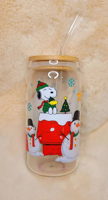 Handmade Snoopy Glass Cup with Glass Straw