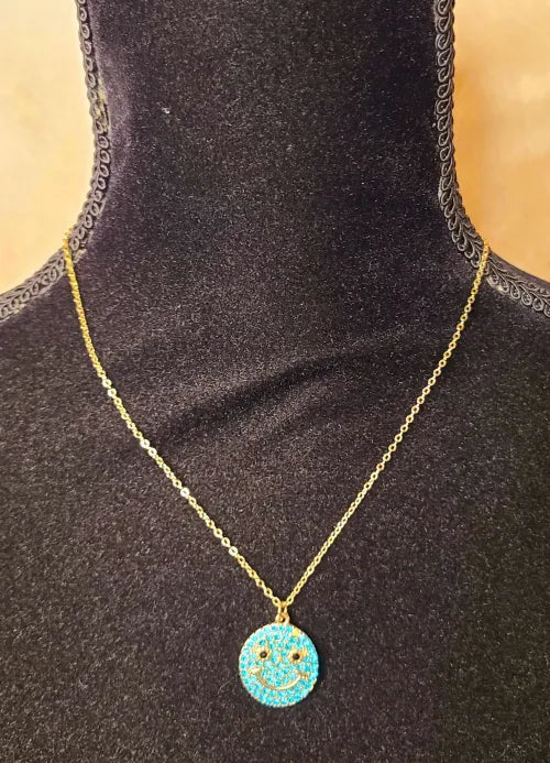 Blue Crystal Smiley Face Gold Necklace