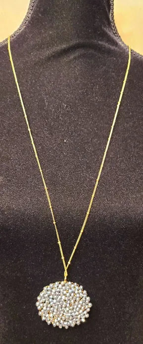 Silver Crystal Pendant Long Gold Necklace