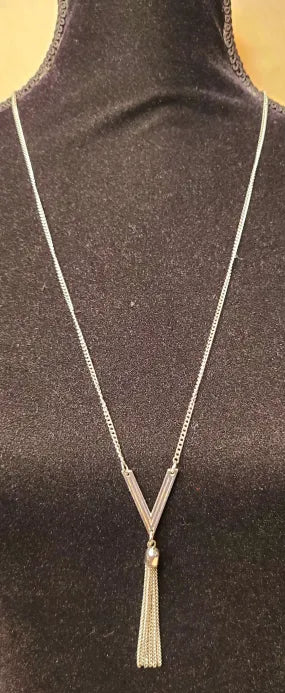 Long Silver V Necklace with Tassel