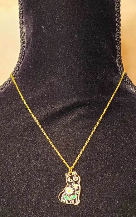 Black Cat with Daisies Gold Necklace