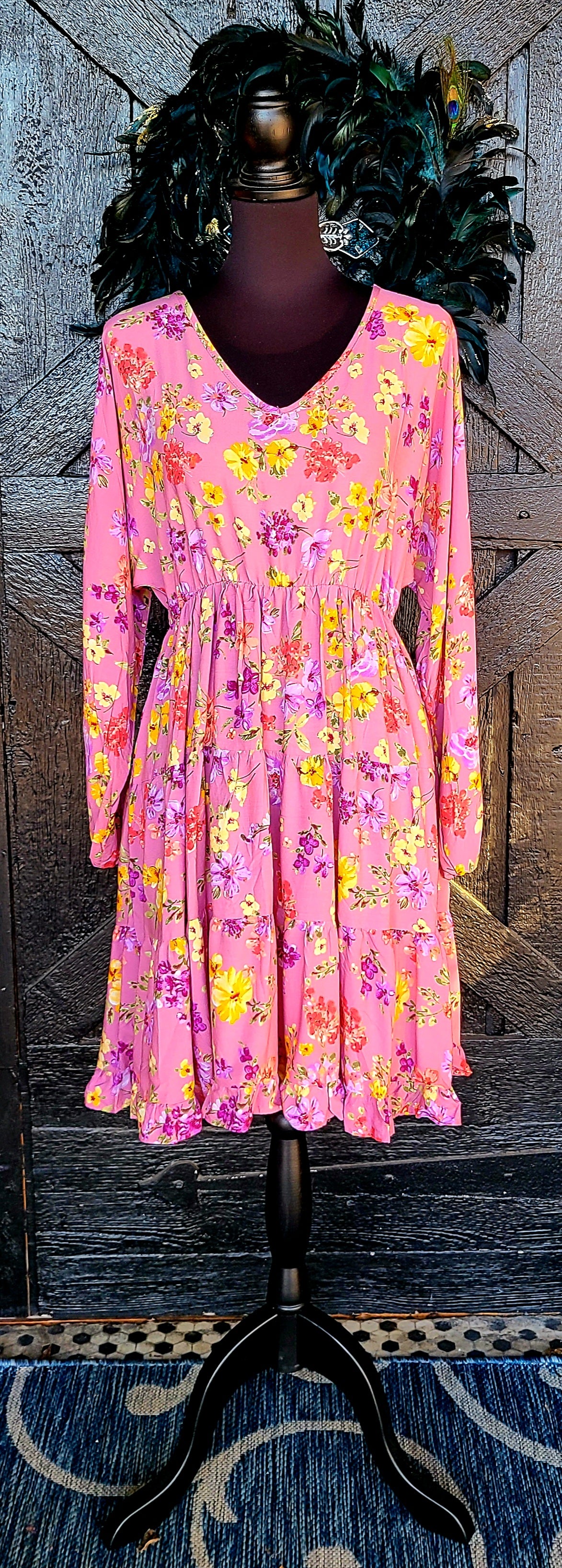 Mauve Floral Tiered Dress with Pockets