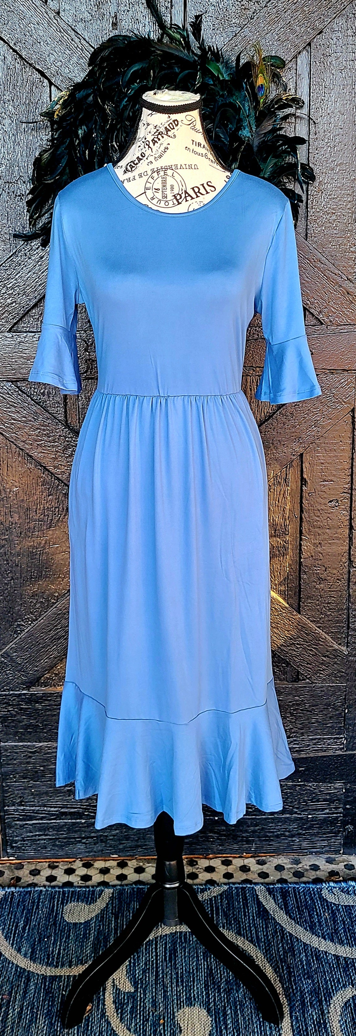 Coronet Blue Ruffle Sleeve Dress with Pockets