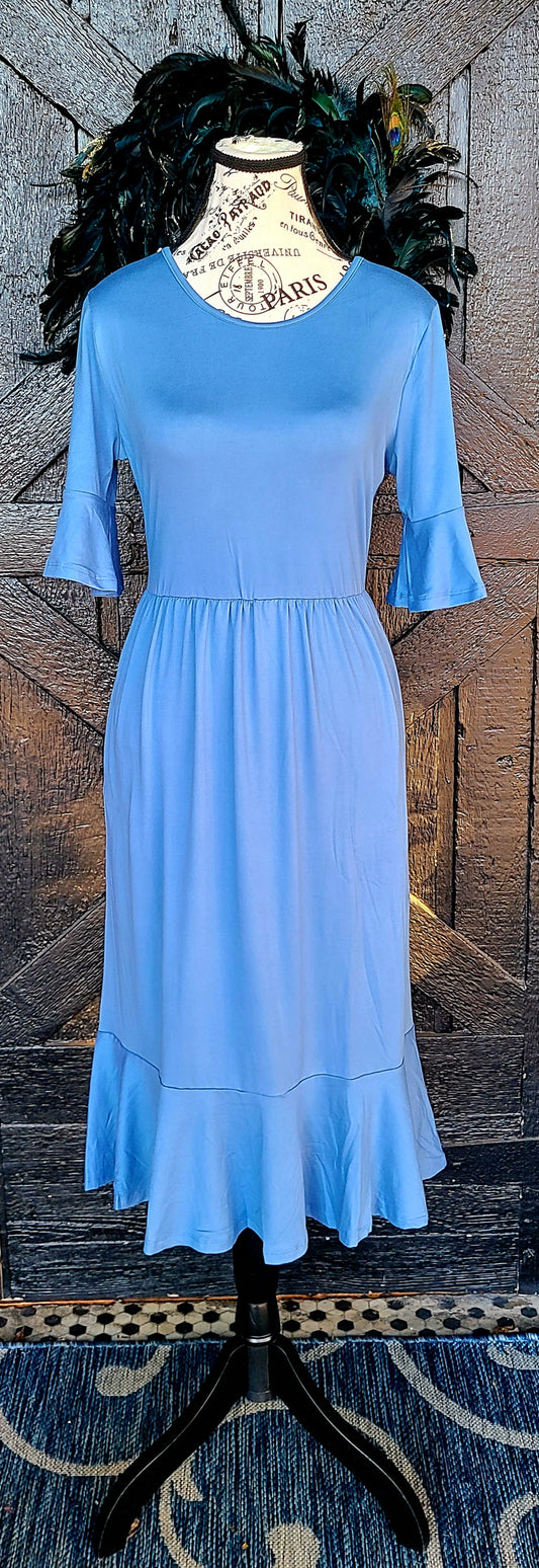 Coronet Blue Ruffle Sleeve Dress with Pockets