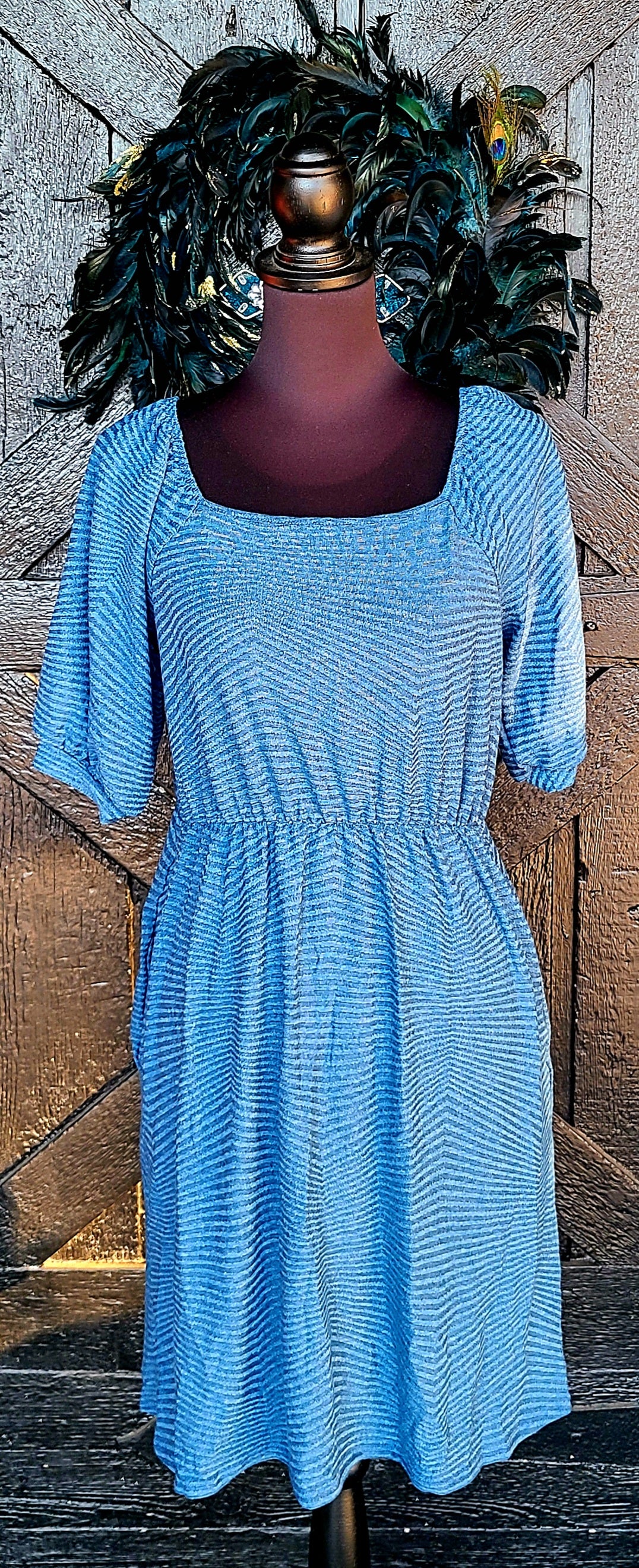 Navy Blue Puff Sleeve Dress with Pockets