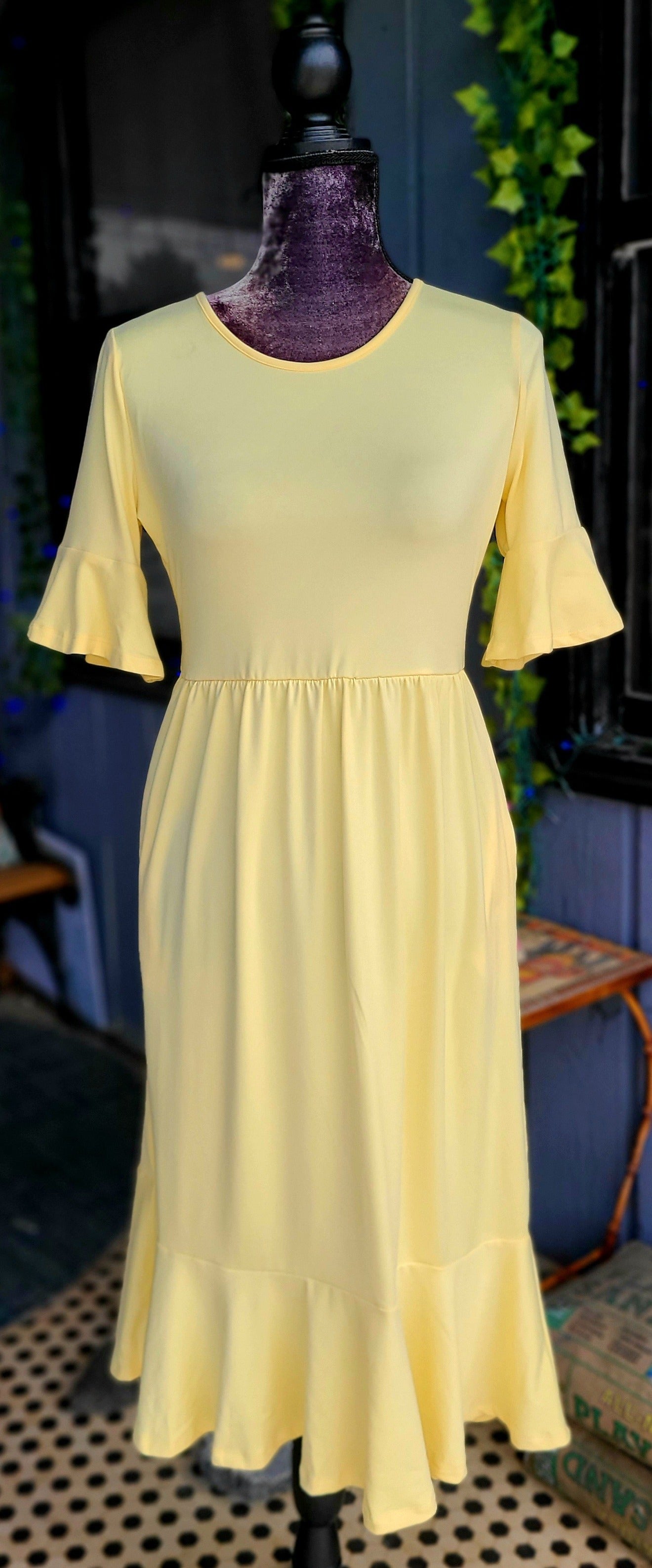 Yellow Ruffle Sleeve Dress with Pockets