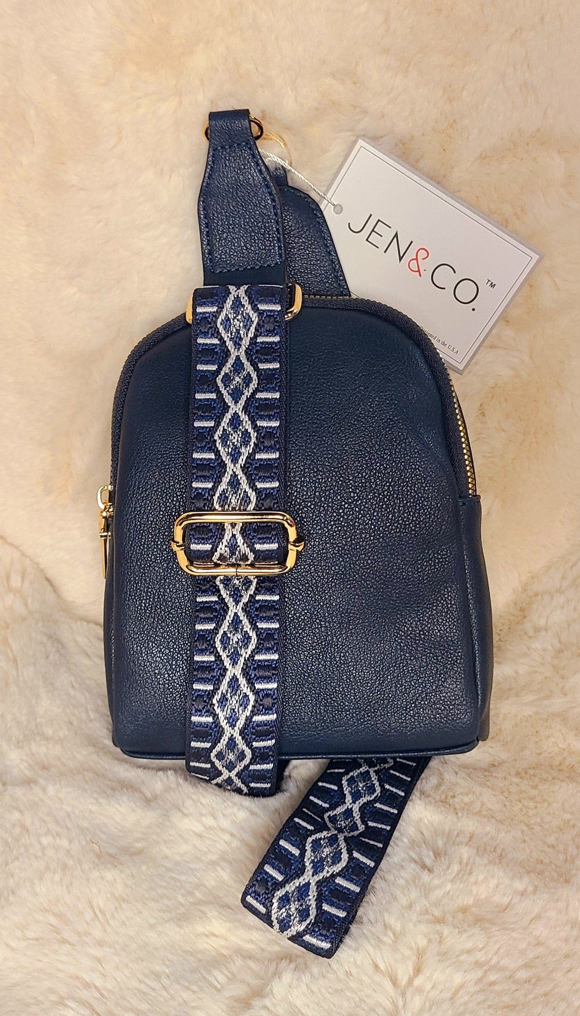 Jen and Co Navy Sling Bag with Aztec Strap