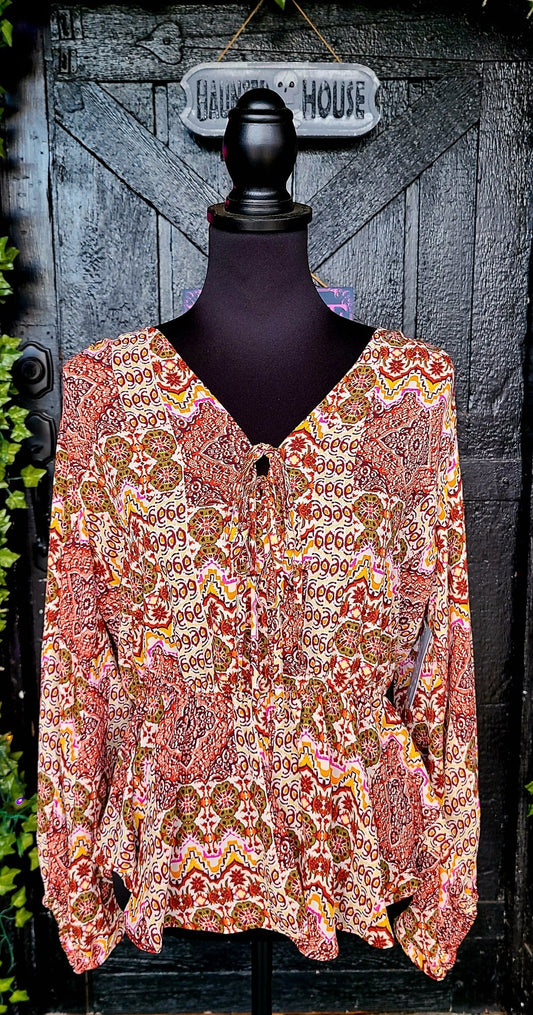 Burgundy Multi Print Tie Neck Top