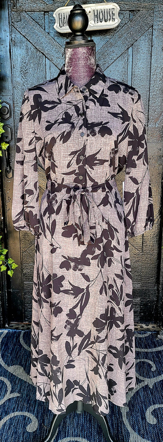 Gray with Black Floral Button Up Maxi Dress