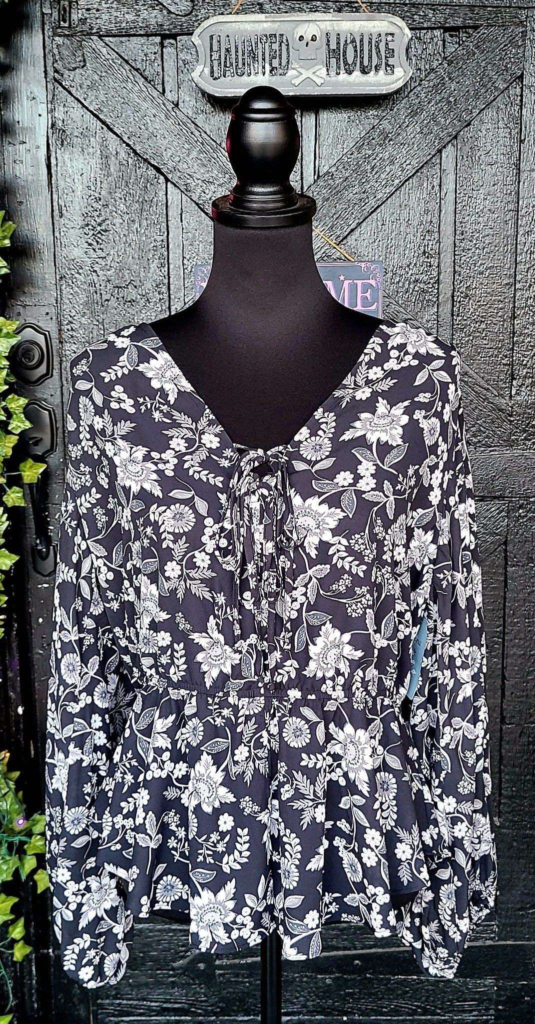 Black Floral Tie Neck Top