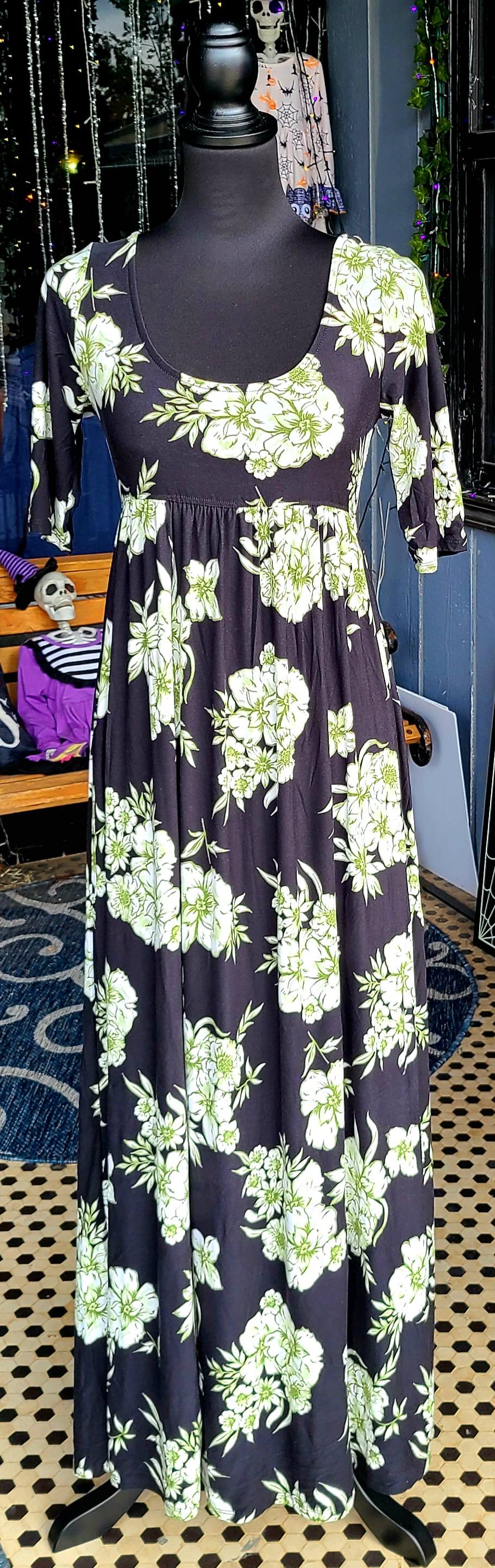 Black with Green Floral Maxi Dress