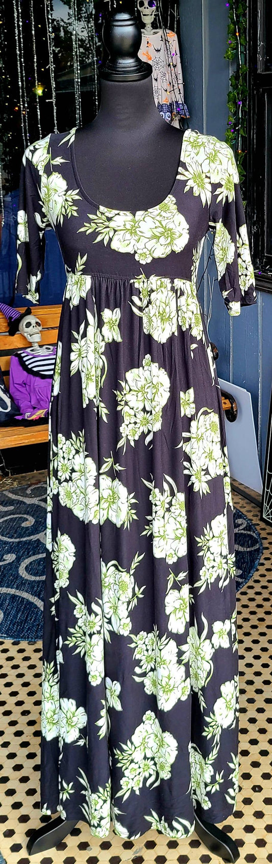 Black with Green Floral Maxi Dress