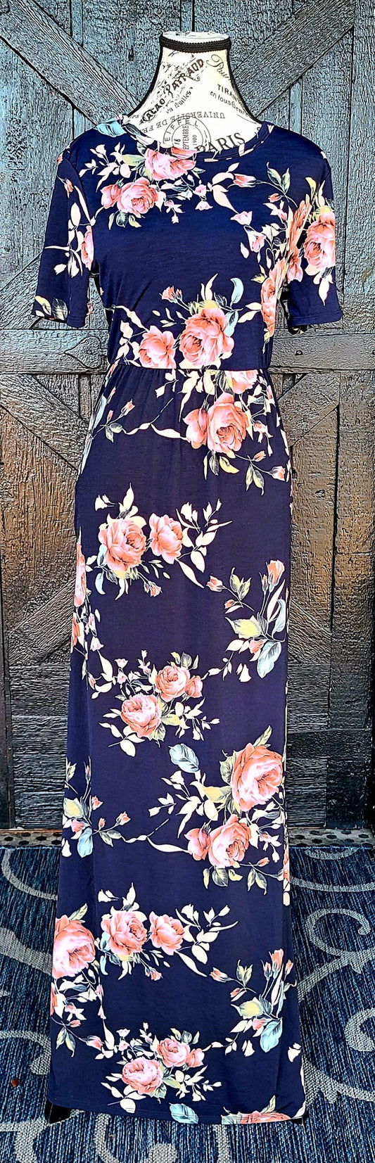 Navy Floral Maxi Dress with Pockets