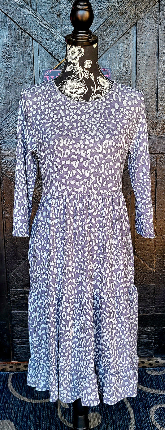Gray Leopard Tiered Dress with Pockets