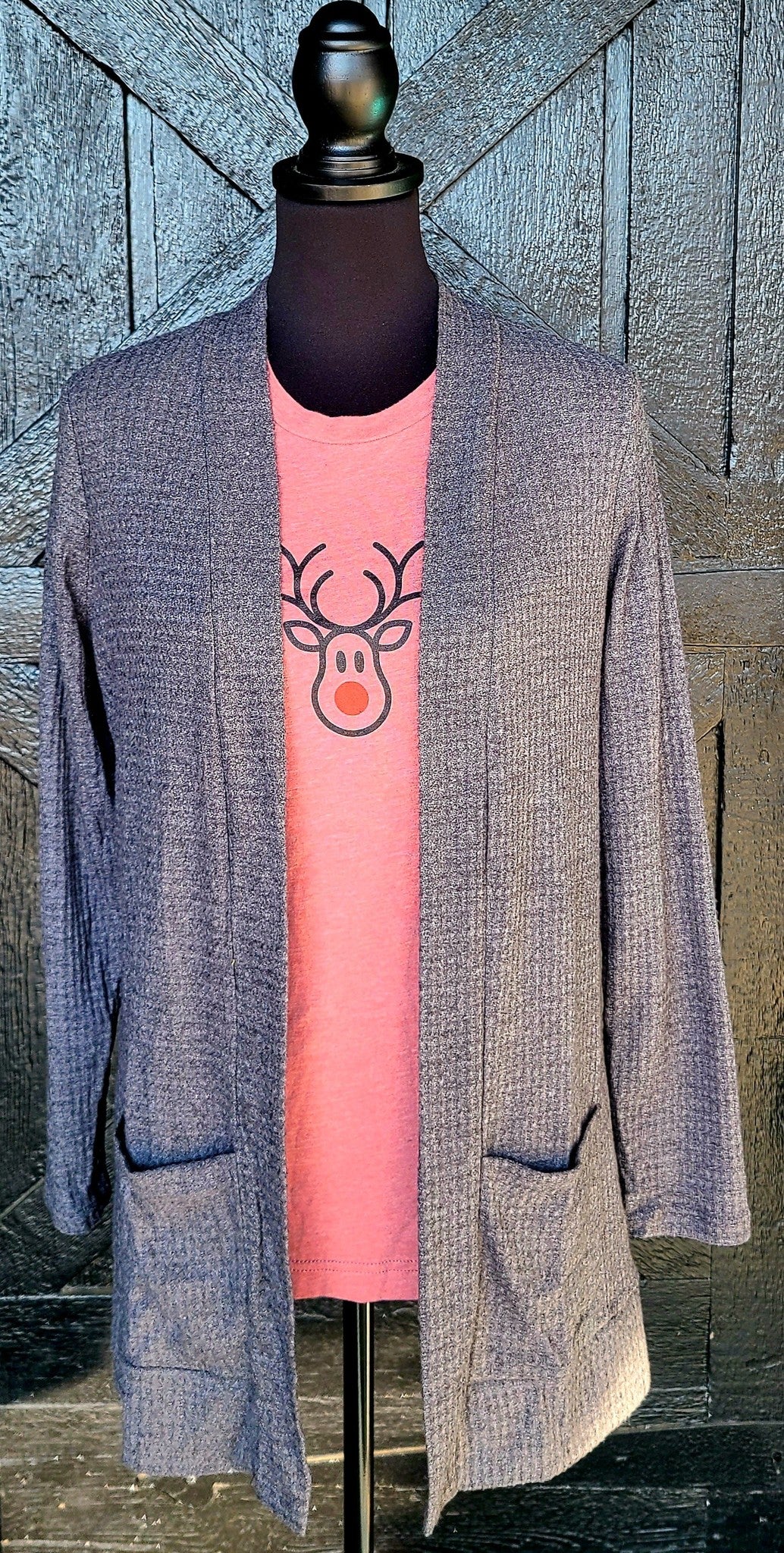 Gray Waffle Knit Cardigan with Pockets