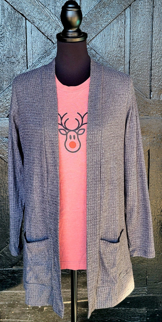 Gray Waffle Knit Cardigan with Pockets